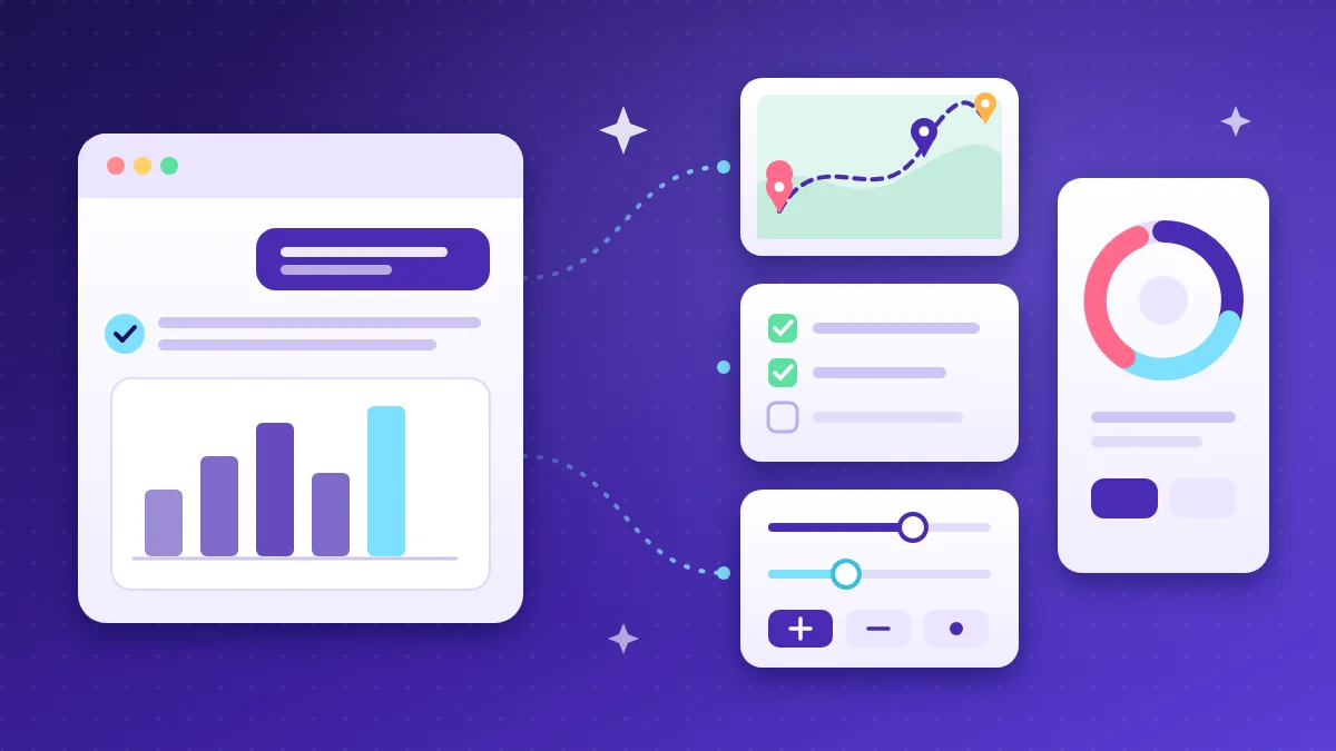 Illustration of a chat window whose answer turns into interactive cards: a bar chart, a map with route pins, a checklist, a slider tool and a donut chart