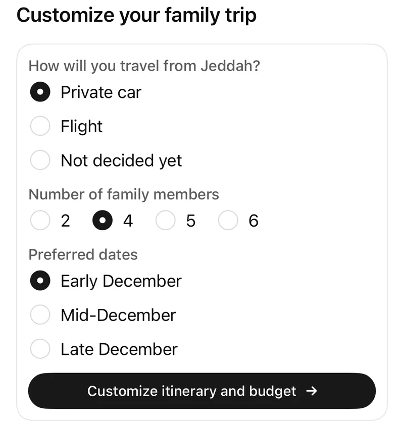 Interactive ChatGPT form titled Customize your family trip, with options for travel from Jeddah, number of family members and preferred dates