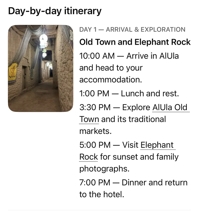 ChatGPT answer showing a day-by-day itinerary card for Day 1 in AlUla, Old Town and Elephant Rock, with a photo and suggested times