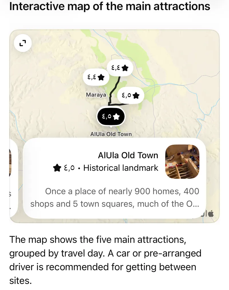 Interactive map in a ChatGPT answer showing pinned AlUla attractions and a place card for AlUla Old Town rated 4.5